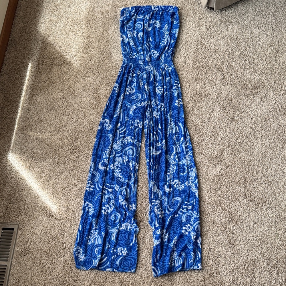 Lilly Pulitzer Blue and White Strapless Jumpsuit